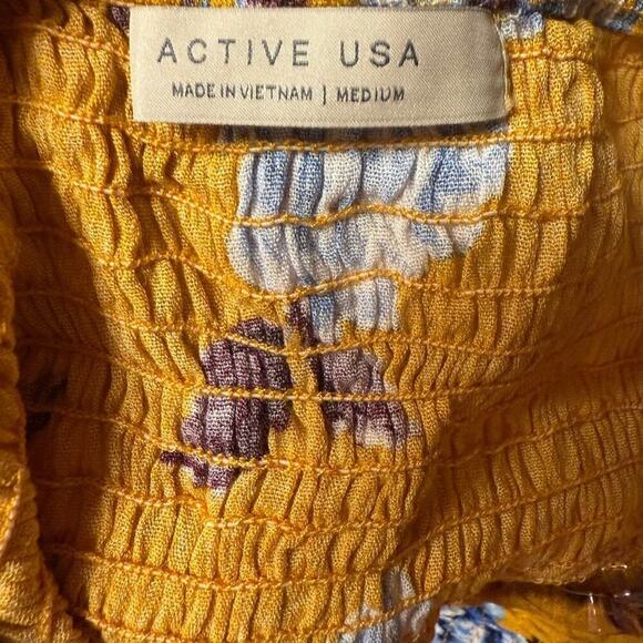 Active USA Jumpsuit Strapless Cropped Wide Leg Floral Print Blue Yellow Medium - Picture 3 of 6